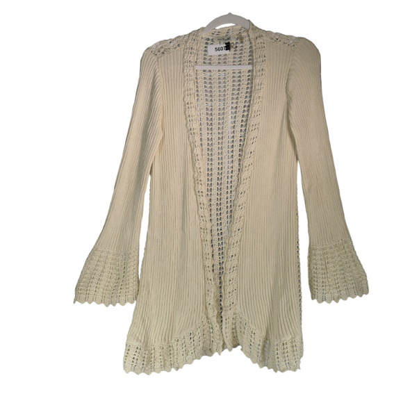 Simply Noelle Cardigan Sweater Womens Medium  Ivory Open Knit Bell Sleeves Boho - Picture 1 of 8